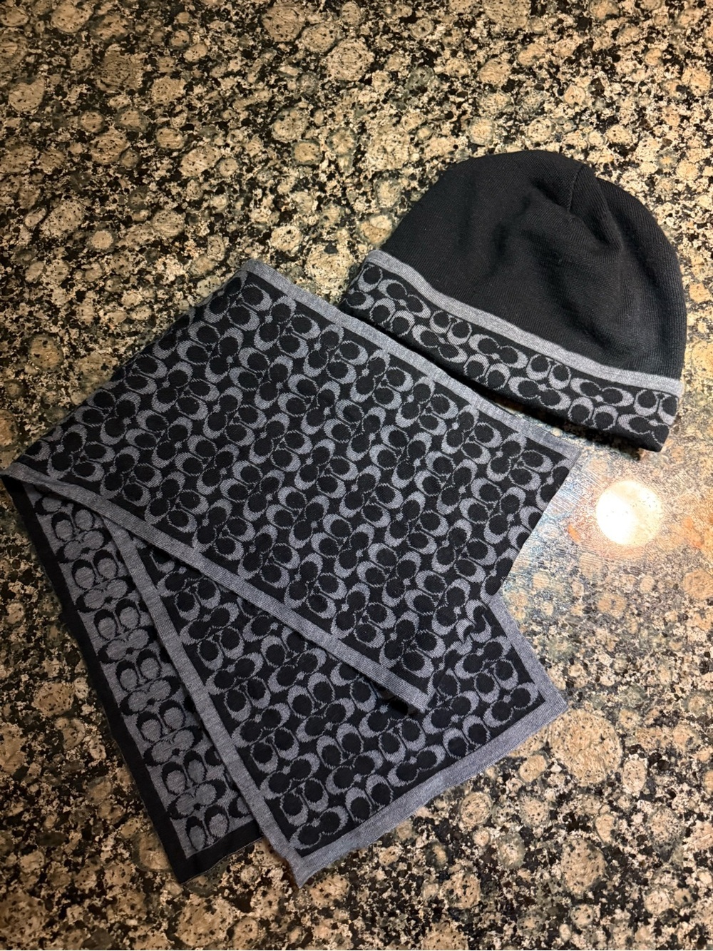 Coach Black & Gray Logo Knit Beanie and Scarf Set